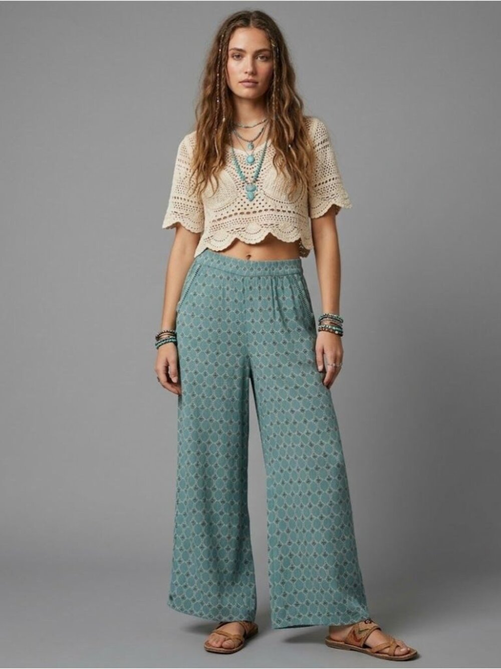 Anthropologie Green Boho Pattern Elastic High Waist Wide Leg Pants Women's M